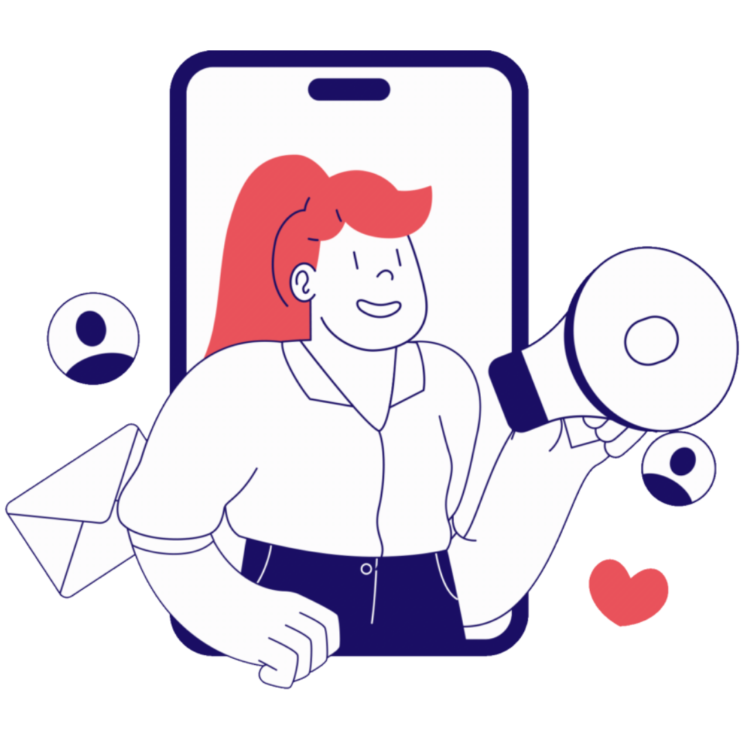 Illustration of a person with a megaphone and a smartphone, promoting the Arvat newsletter.
