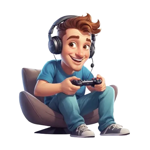 Illustration of a happy gamer playing with a console and wearing headphones, representing the fun and immersive experience of Arvat's gaming community.